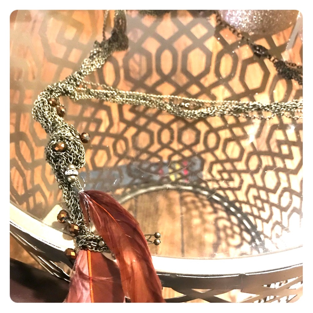 Feather Drop Tangle Necklace with brown Beads!